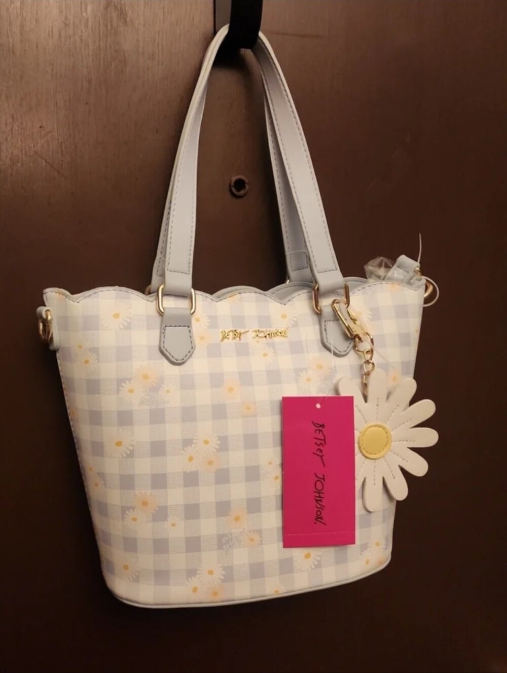 Betsey Johnson Plaid Daisy Flower Pattern Satchel Crossbody Bag Purse Charm - Picture 3 of 11